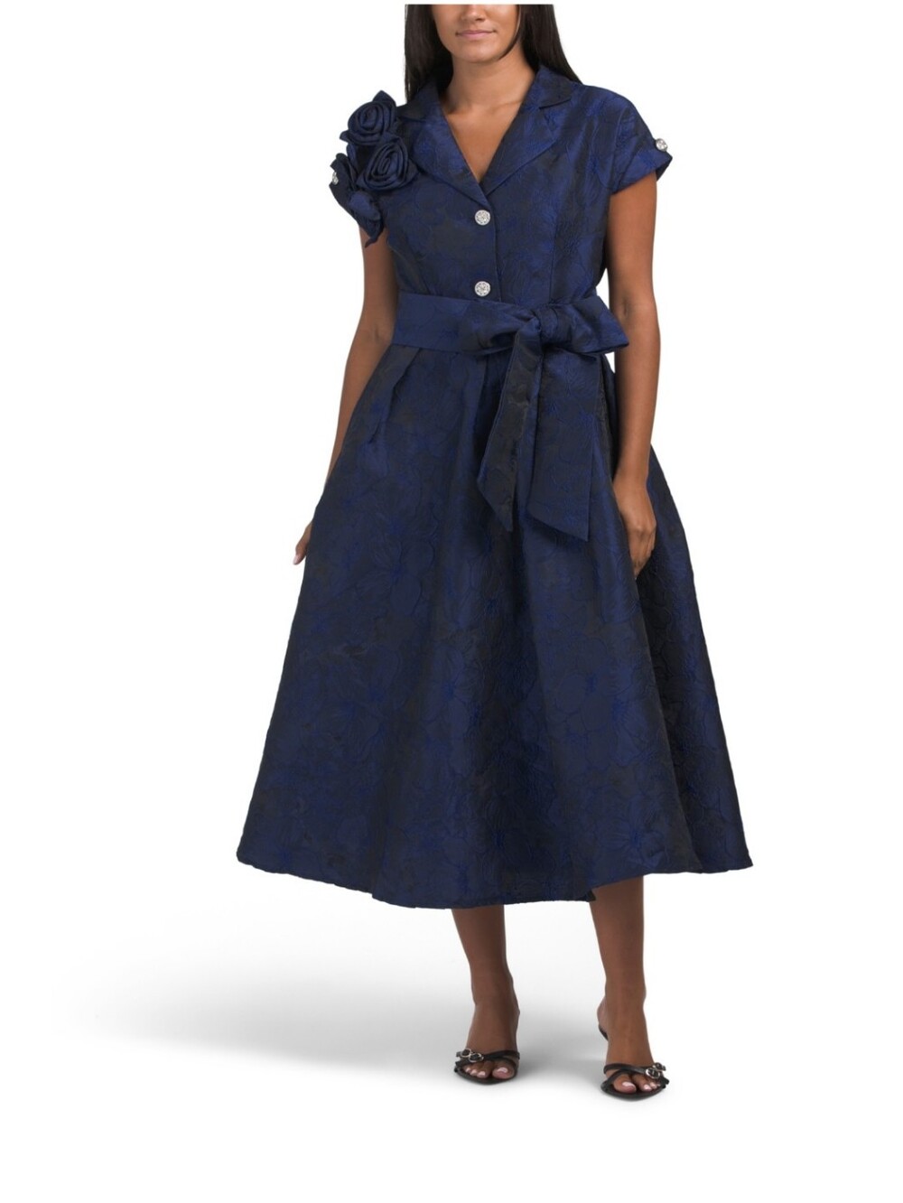 Nwt L Dalia Macphee Navy Floral Jacquard Midi Dress with Rosette Detail No Belt